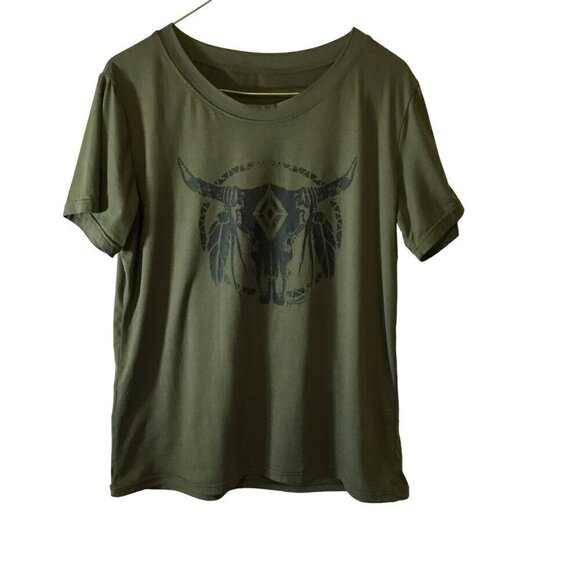 Romastory Cow Skull Tee Dream Catcher Short Sleeve Green Women's Size Medium - Picture 1 of 7